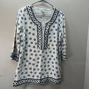 Irving & Fine Boho Embroidered Split Neck Kaftan Style Tunic Top SZ L Vintage